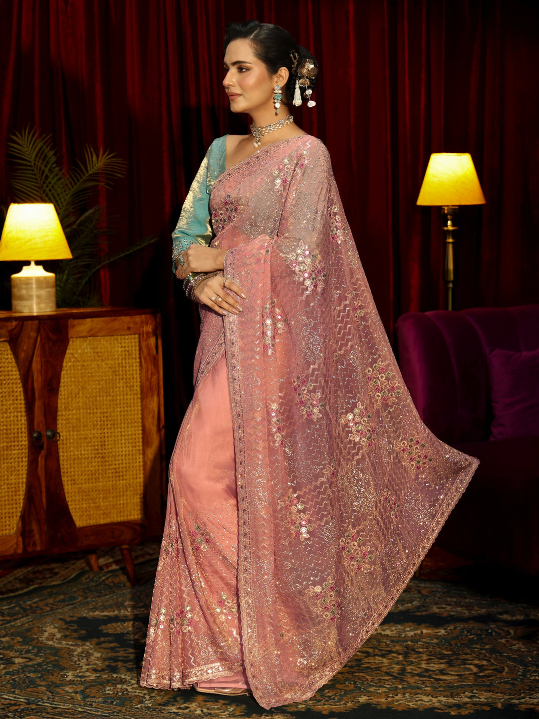 Libas Art Pink Chevron Sequin Embellished Tissue Saree