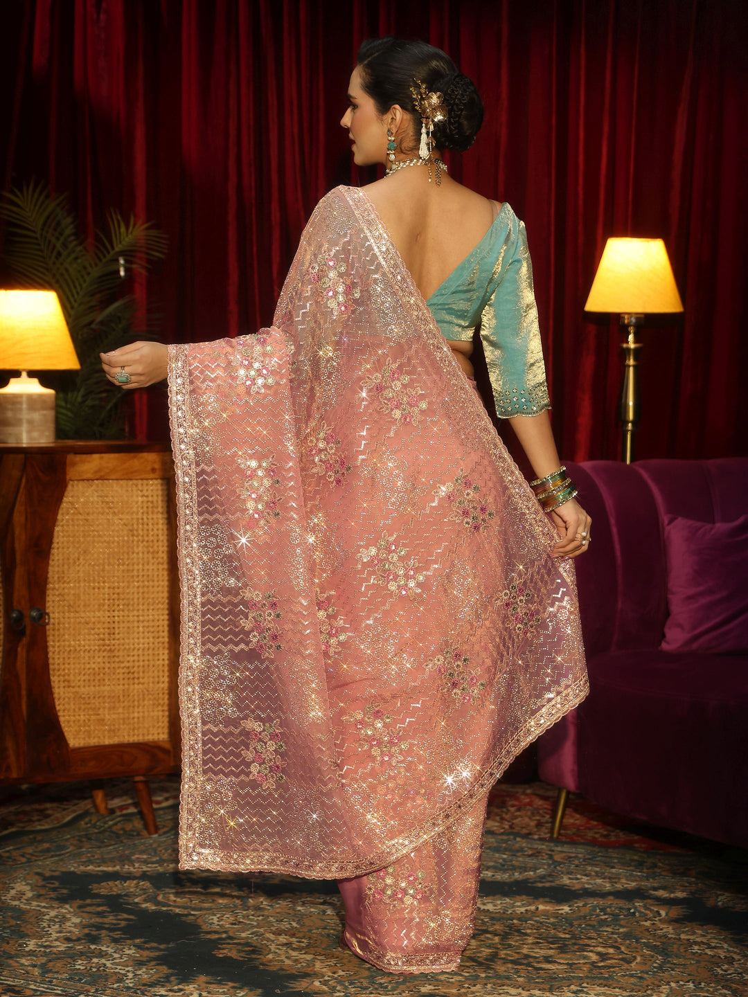 Libas Art Pink Chevron Sequin Embellished Tissue Saree