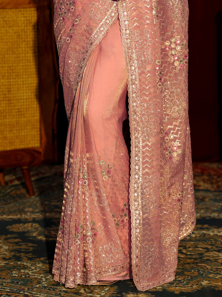 Libas Art Pink Chevron Sequin Embellished Tissue Saree