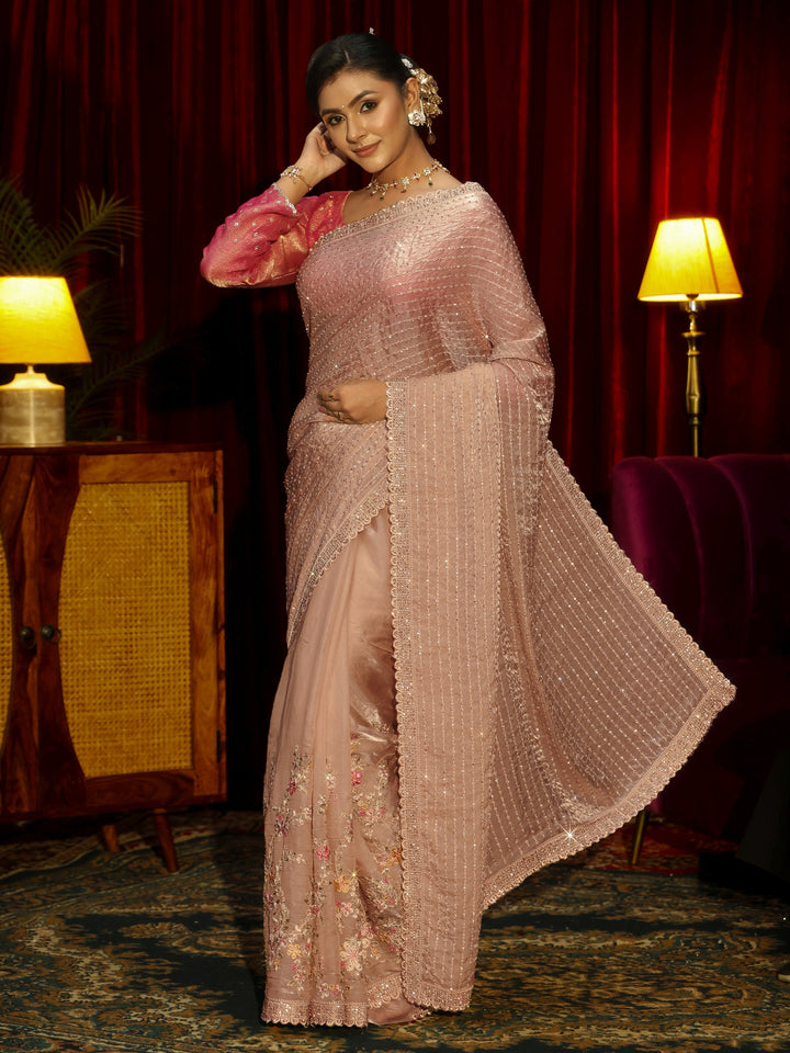 Libas Art Cream Striped Sequin Embellished Tissue Saree