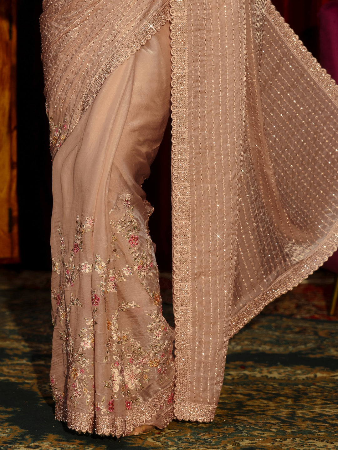 Libas Art Cream Striped Sequin Embellished Tissue Saree