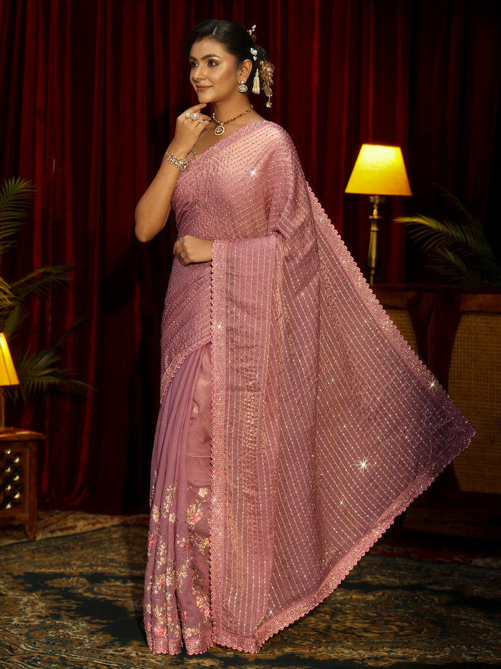 Libas Art Lavender Striped Sequin Embellished Tissue Saree