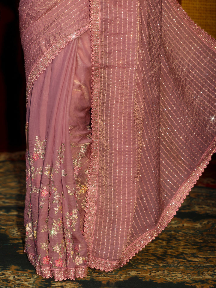 Libas Art Lavender Striped Sequin Embellished Tissue Saree