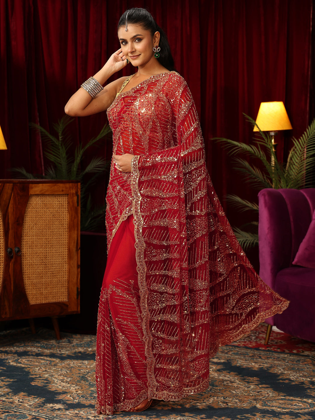 Libas Art Red Sequin Embellished Net Saree