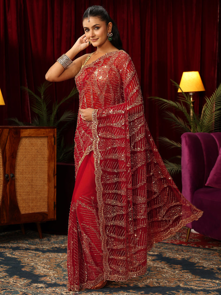 Libas Art Red Sequin Embellished Net Saree