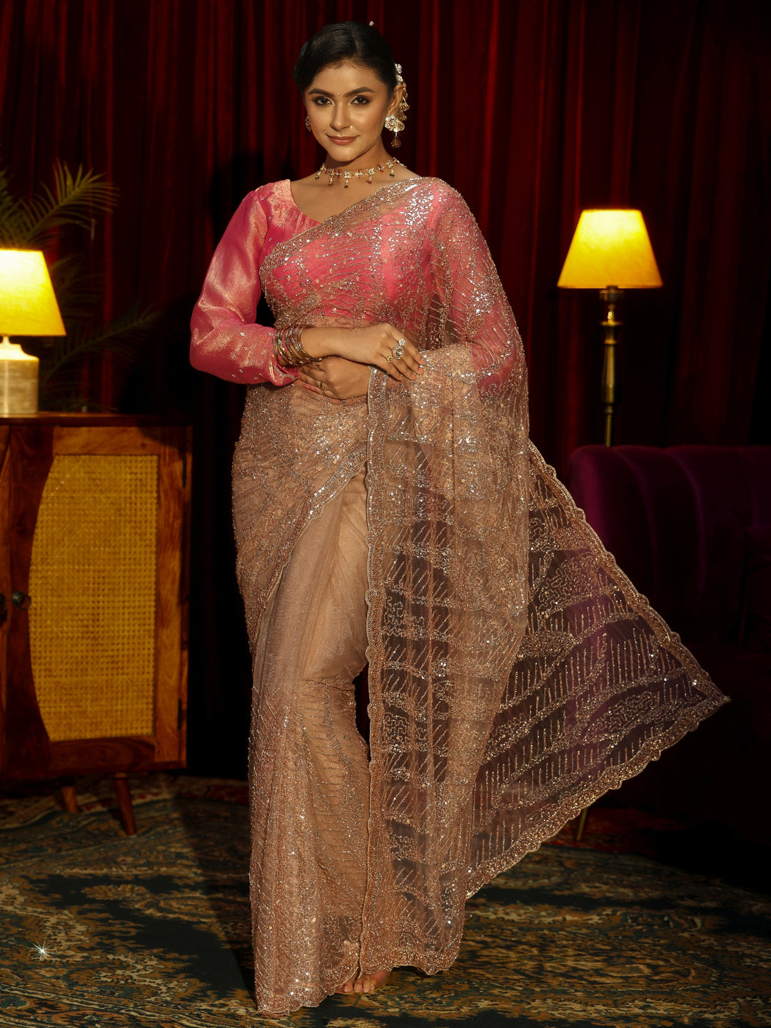 Libas Art Golden Sequin Embellished Net Saree