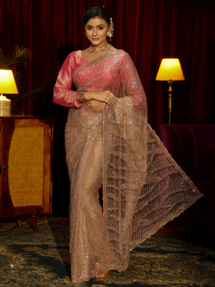 Libas Art Golden Sequin Embellished Net Saree
