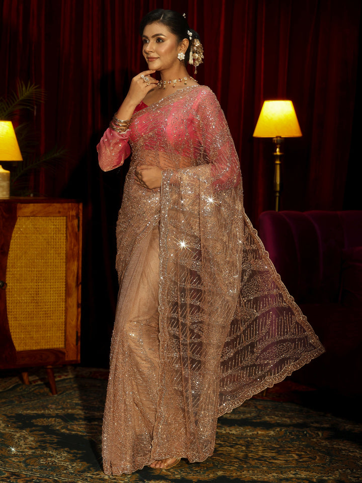 Libas Art Golden Sequin Embellished Net Saree