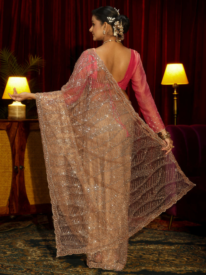 Libas Art Golden Sequin Embellished Net Saree