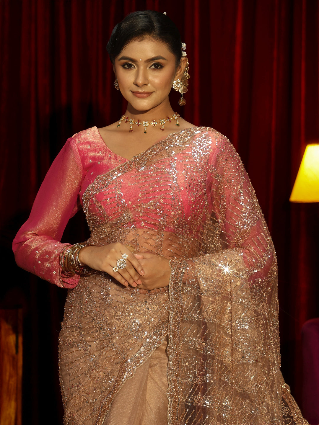 Libas Art Golden Sequin Embellished Net Saree