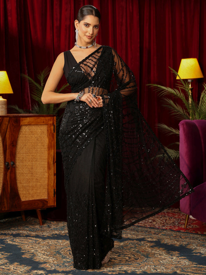 Libas Art Black Sequin Embellished Net Saree