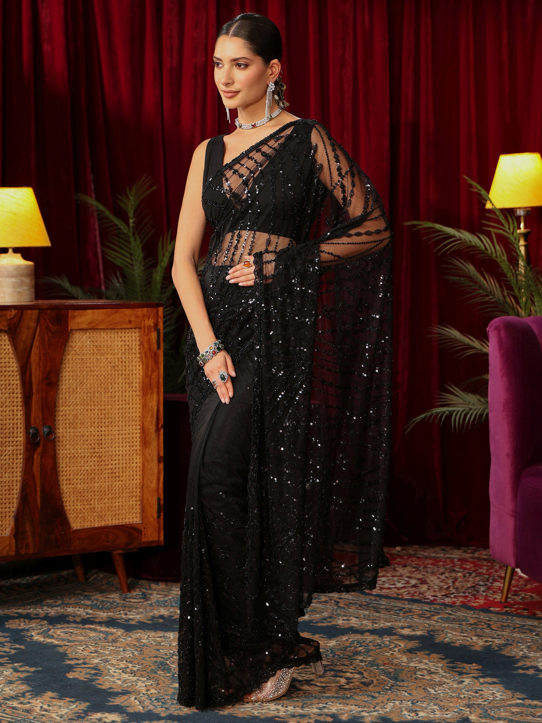 Libas Art Black Sequin Embellished Net Saree