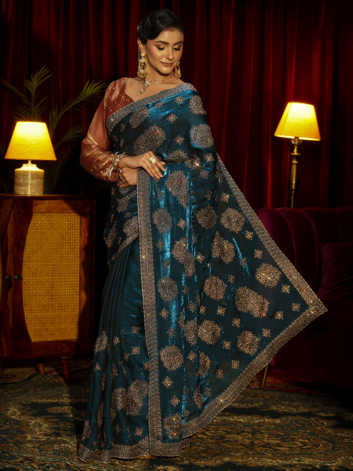 Libas Art Peacock Blue Stone Work Embellished Tissue Saree