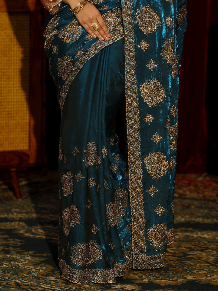 Libas Art Peacock Blue Stone Work Embellished Tissue Saree