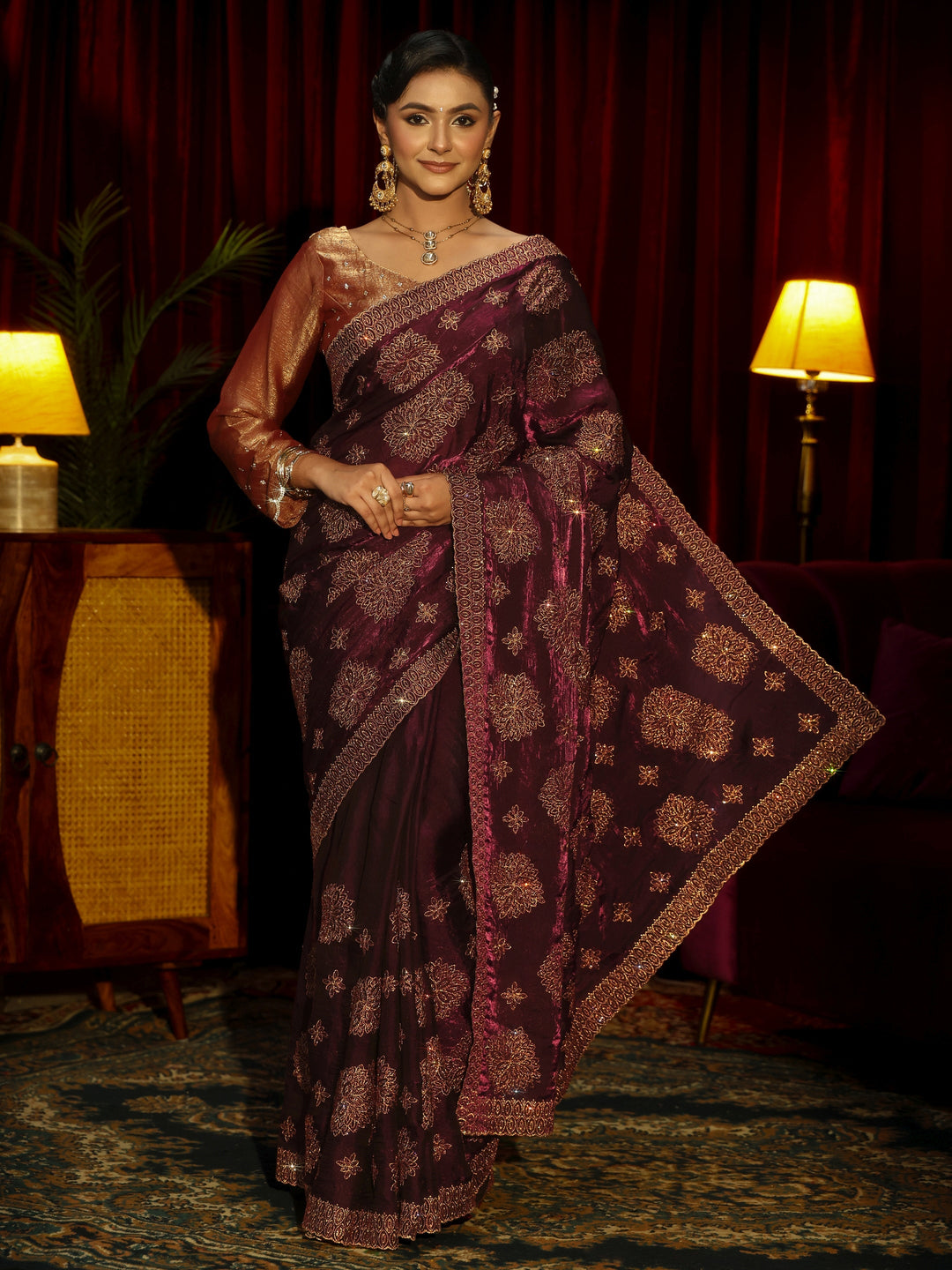 Libas Art Maroon Stone Work Embellished Tissue Saree