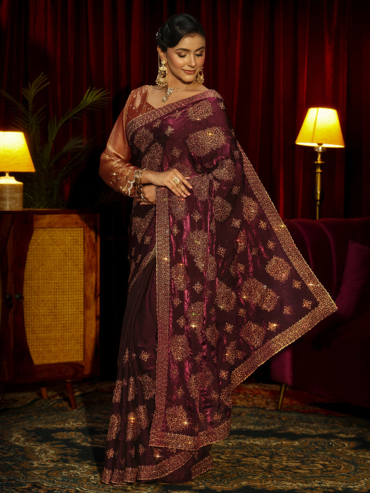 Libas Art Maroon Stone Work Embellished Tissue Saree
