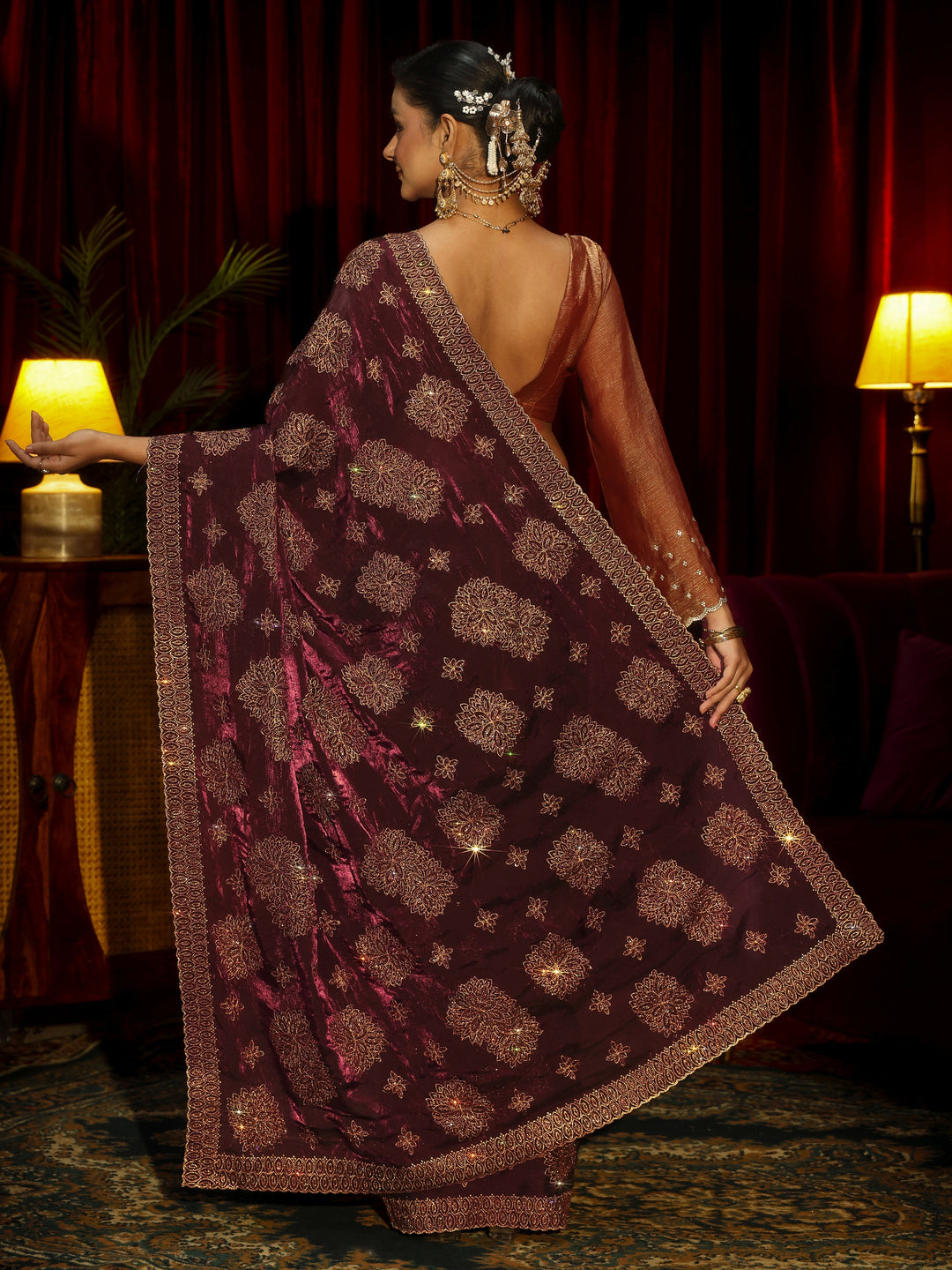 Libas Art Maroon Stone Work Embellished Tissue Saree