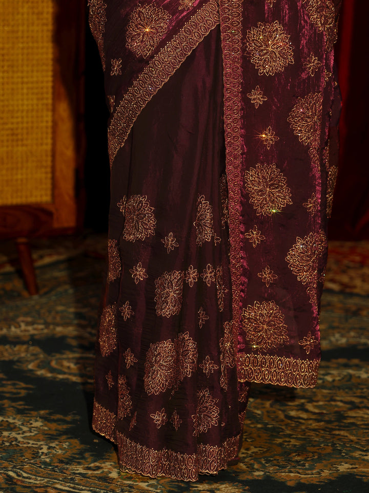 Libas Art Maroon Stone Work Embellished Tissue Saree