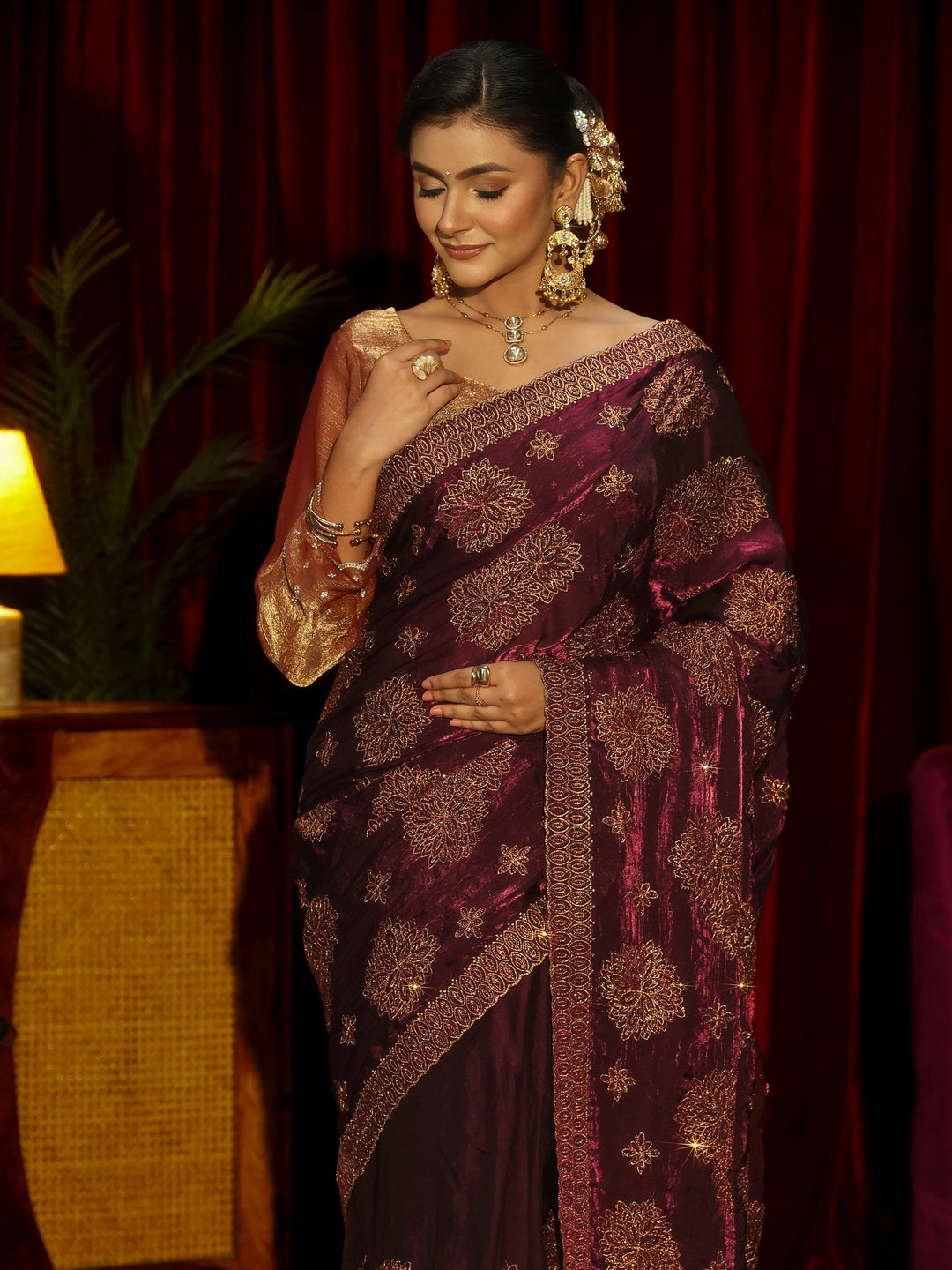 Libas Art Maroon Stone Work Embellished Tissue Saree