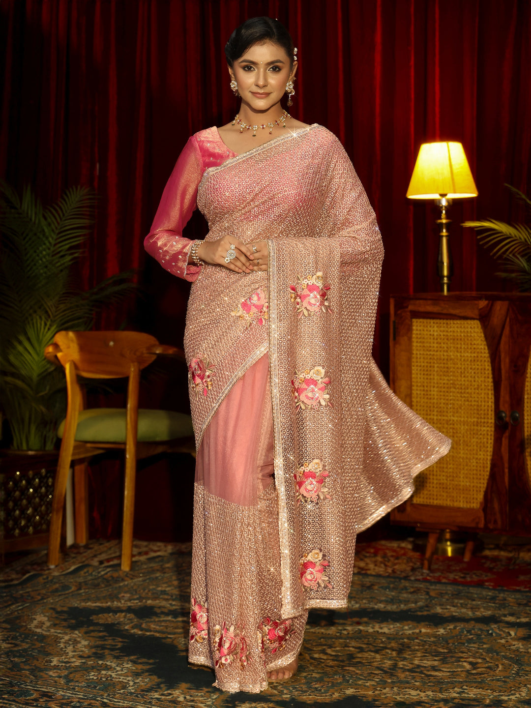 Libas Art Pink Floral Embellished Net Saree
