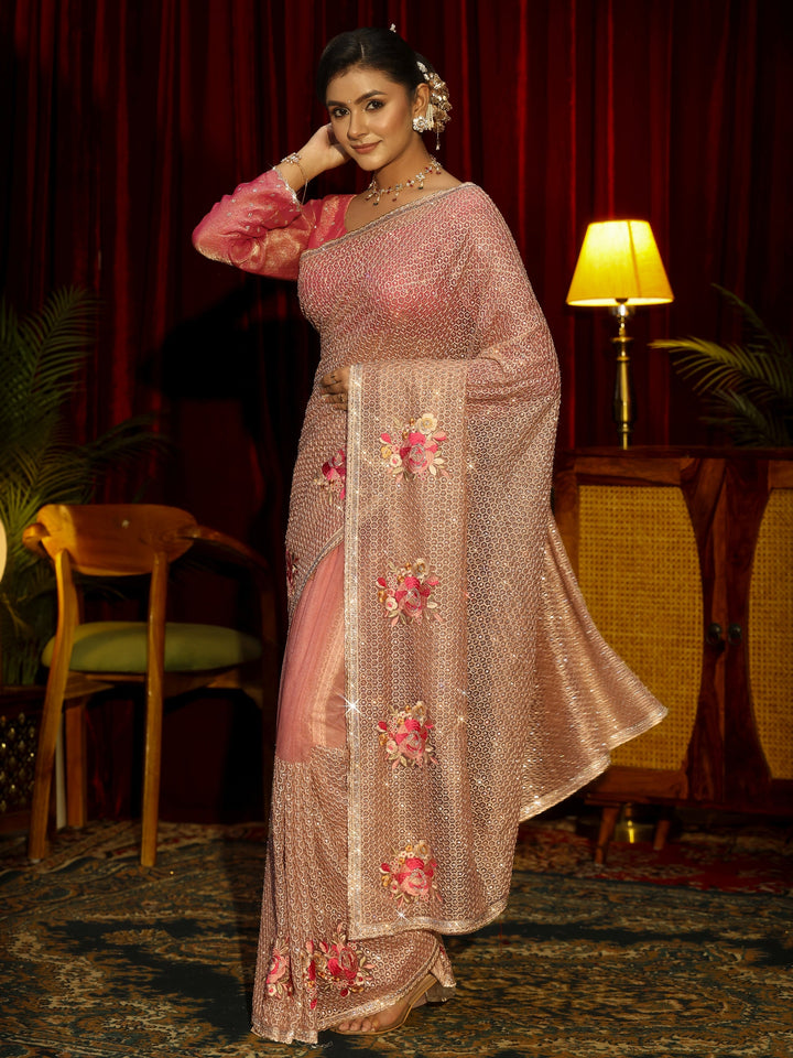Libas Art Pink Floral Embellished Net Saree