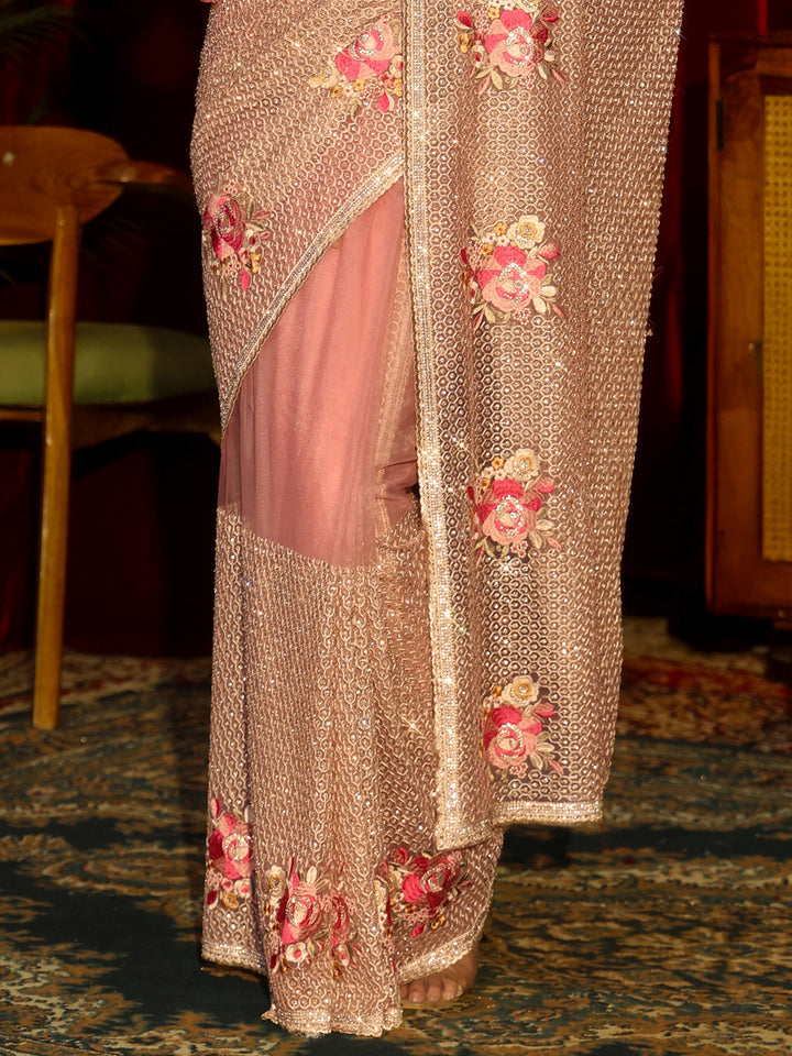 Libas Art Pink Floral Embellished Net Saree