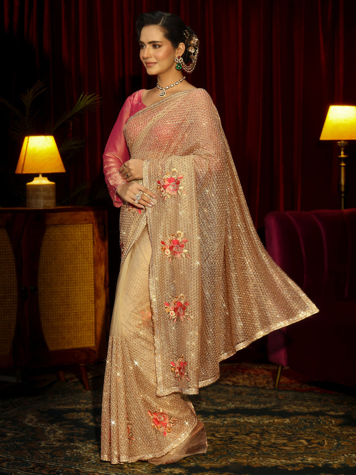 Libas Art Yellow Floral Embellished Net Saree