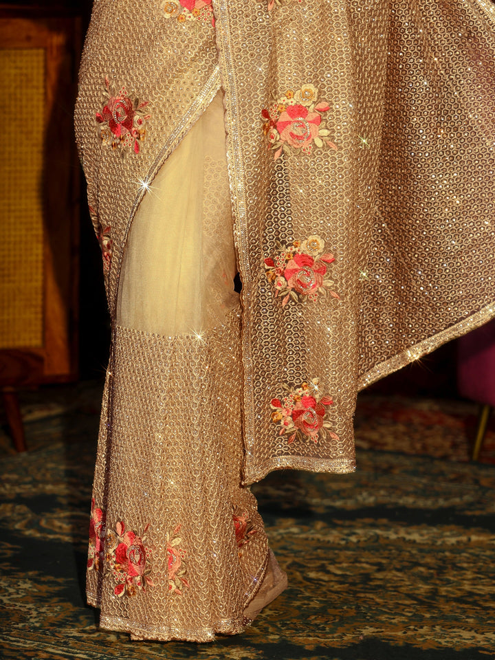 Libas Art Yellow Floral Embellished Net Saree