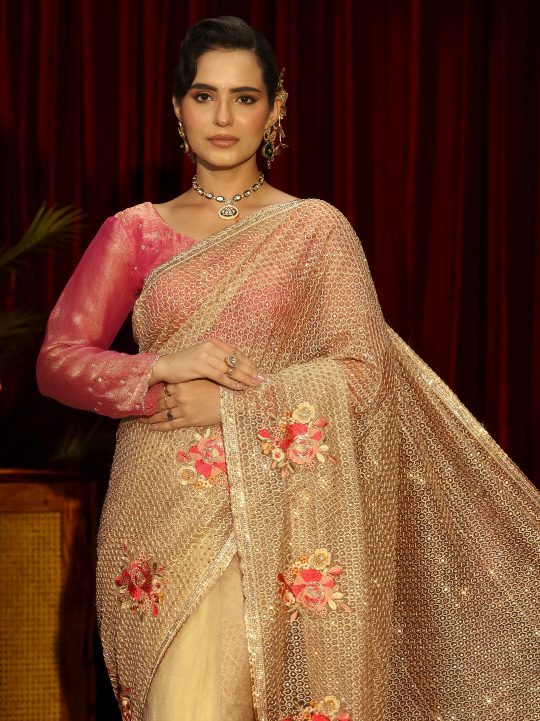 Libas Art Yellow Floral Embellished Net Saree
