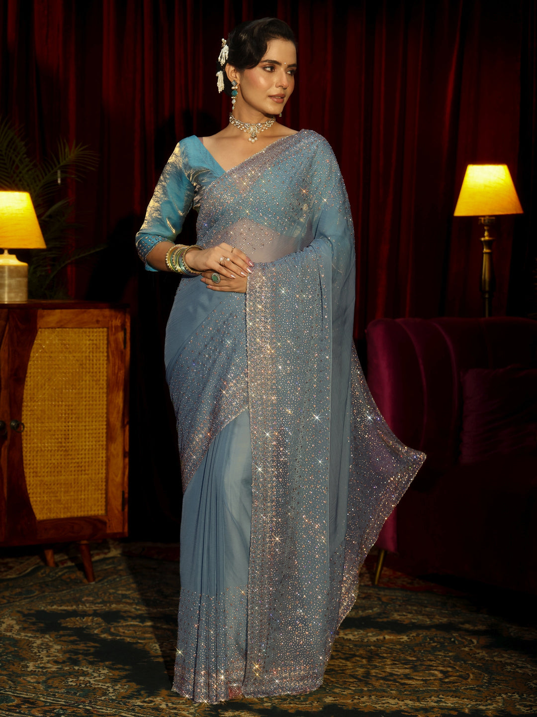 Libas Art Blue Embellished Tissue Saree
