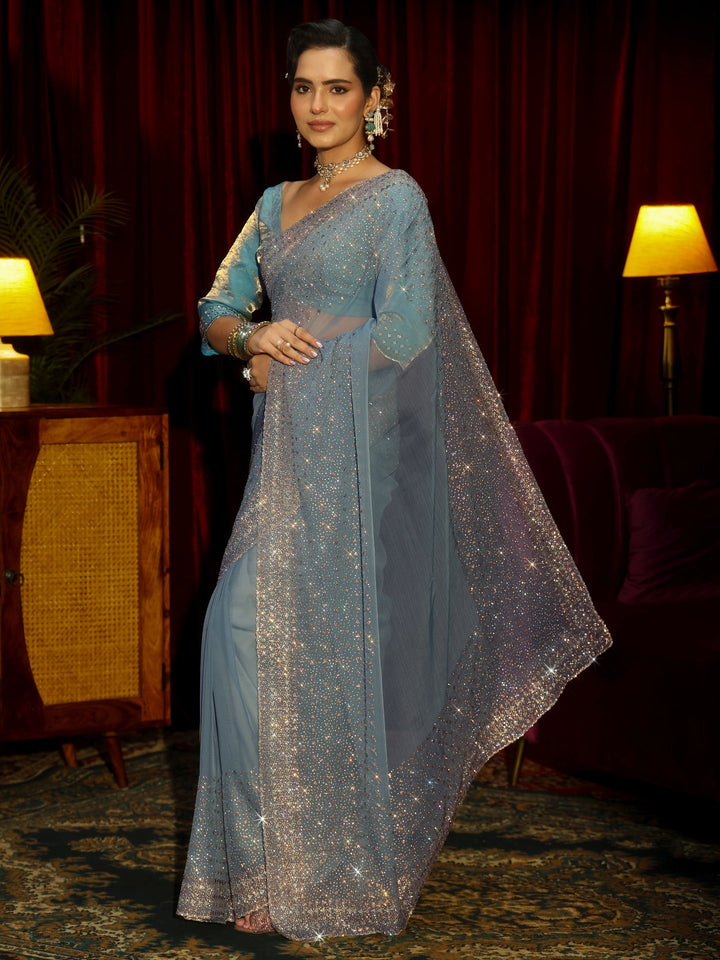 Libas Art Blue Embellished Tissue Saree