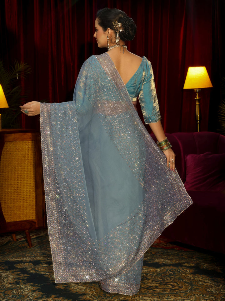Libas Art Blue Embellished Tissue Saree