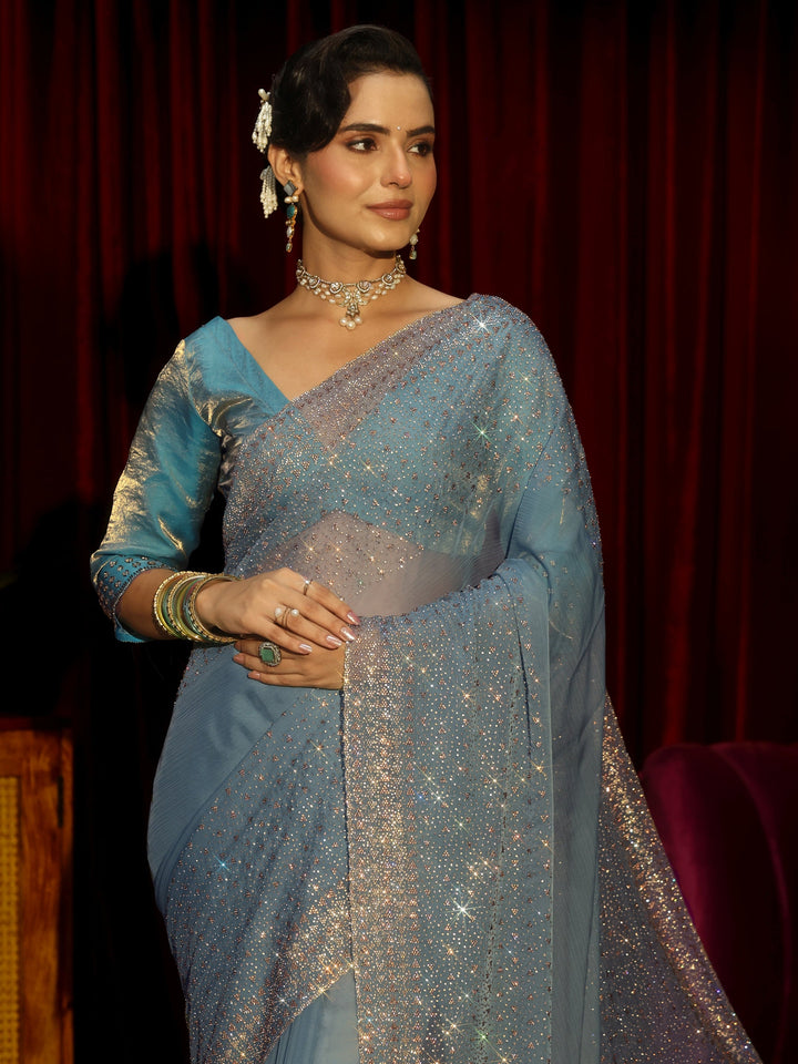 Libas Art Blue Embellished Tissue Saree