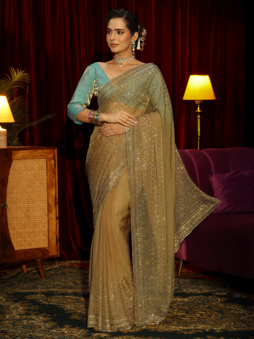 Libas Art Peach Embellished Tissue Saree