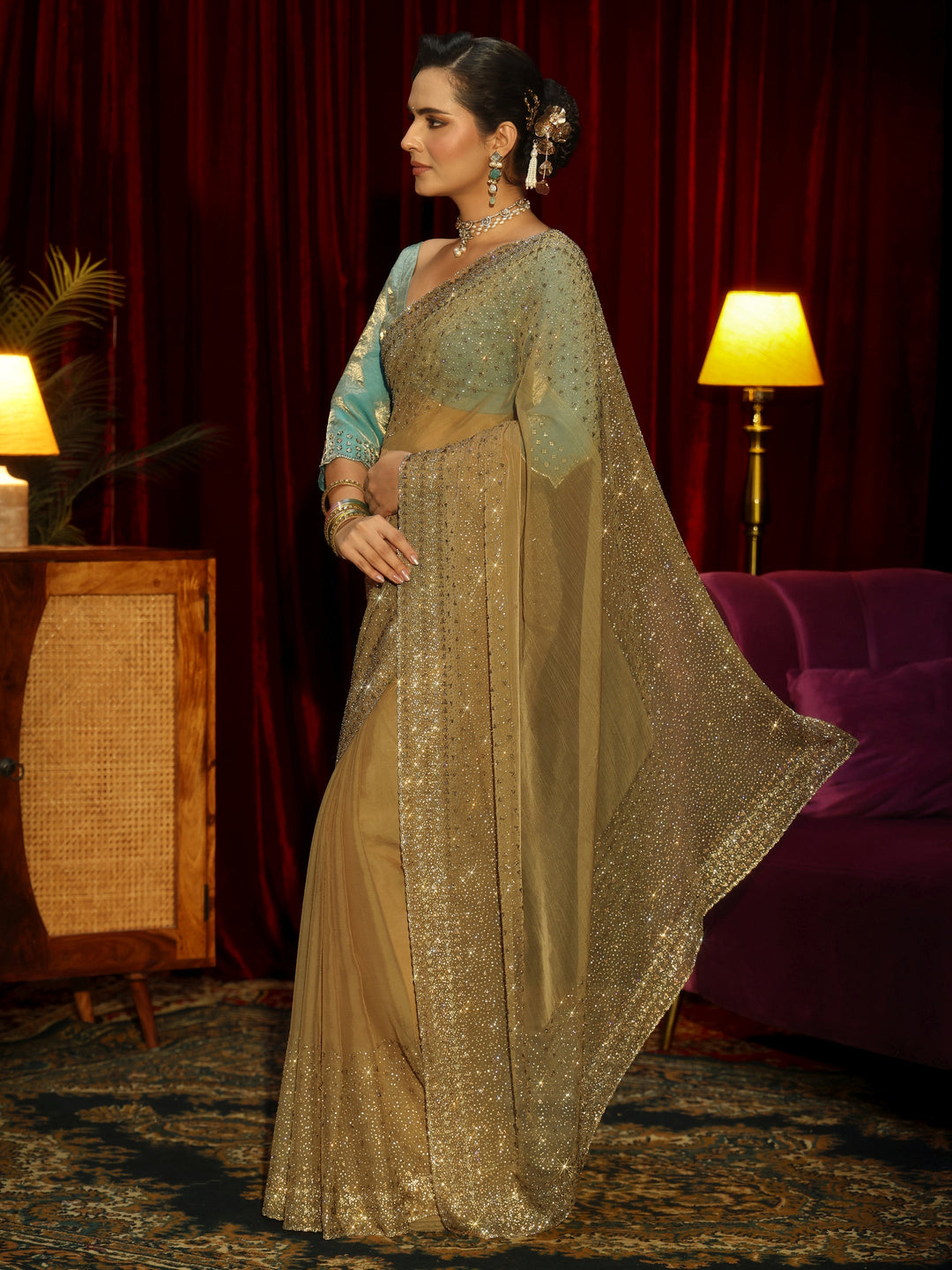 Libas Art Peach Embellished Tissue Saree