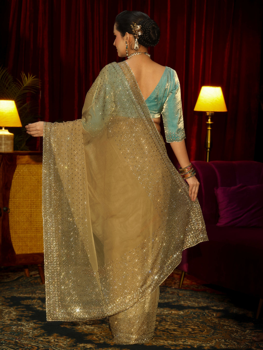 Libas Art Peach Embellished Tissue Saree