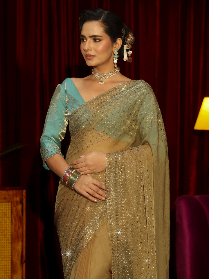 Libas Art Peach Embellished Tissue Saree
