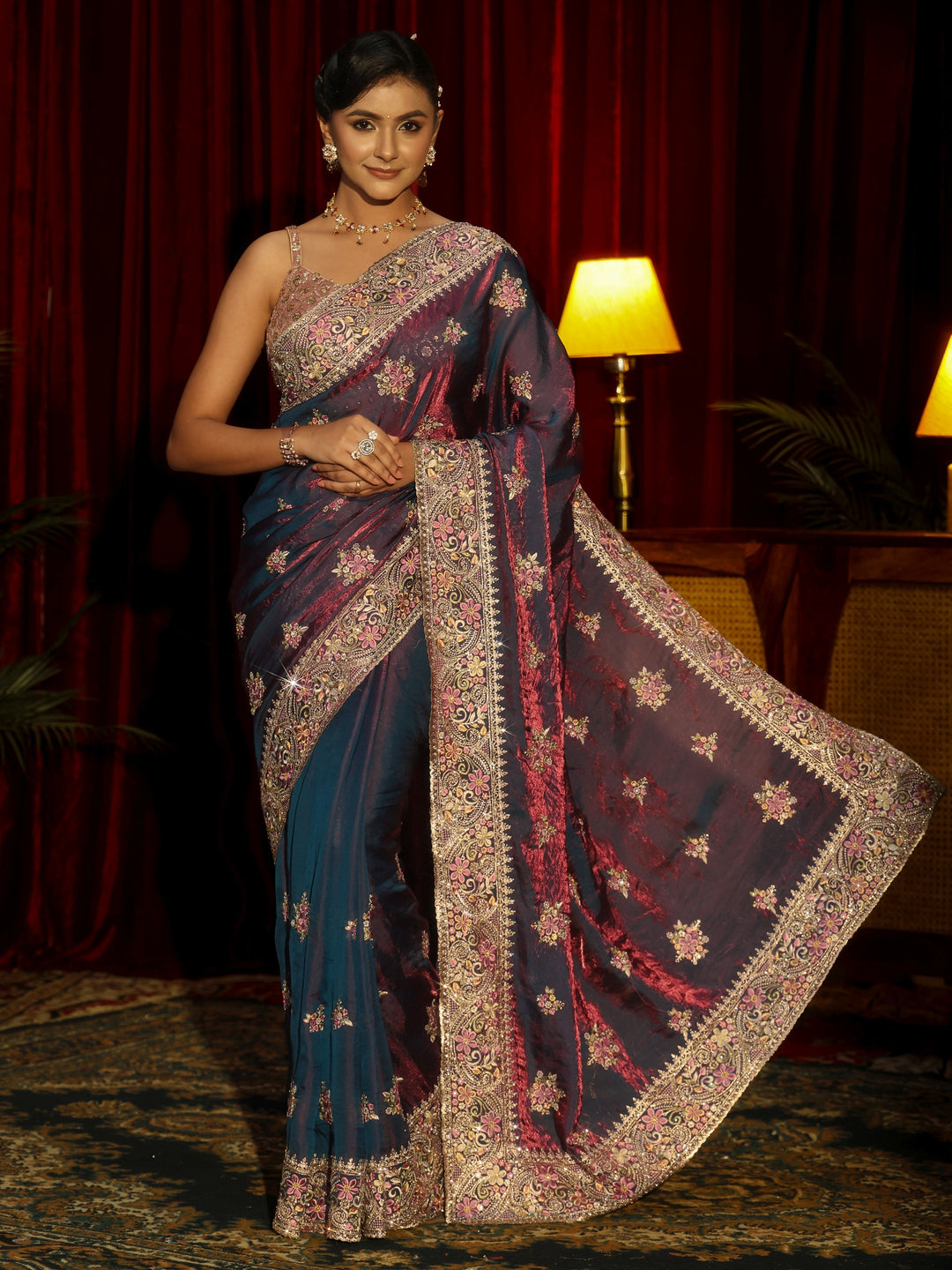 Libas Art Purple Floral Embellished Tissue Saree