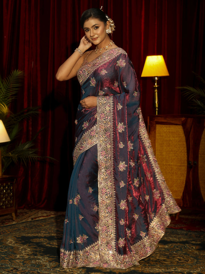 Libas Art Purple Floral Embellished Tissue Saree
