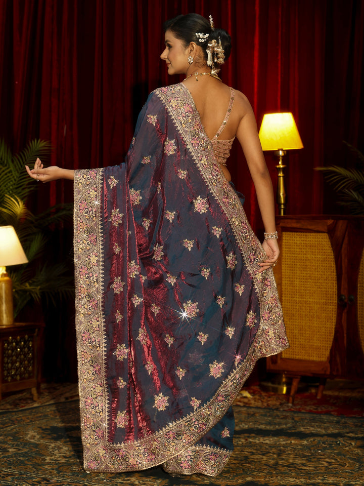 Libas Art Purple Floral Embellished Tissue Saree