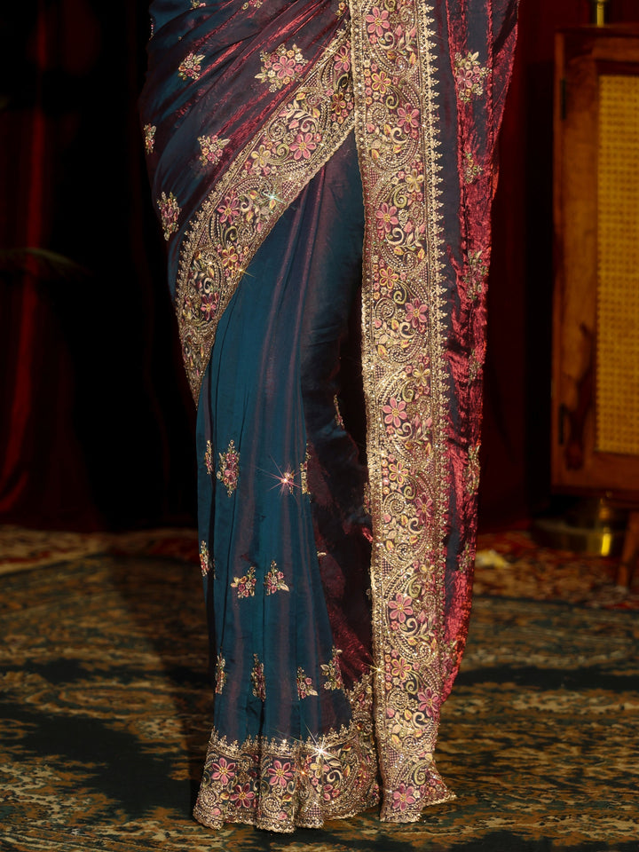 Libas Art Purple Floral Embellished Tissue Saree