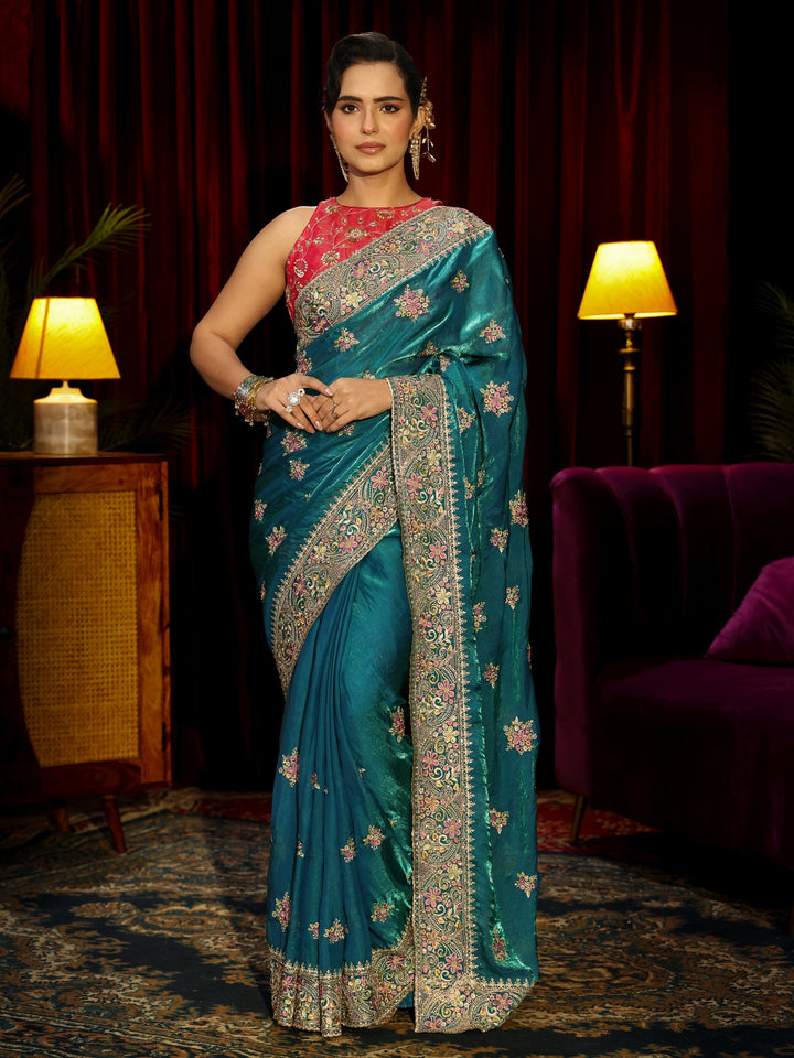 Libas Art Red Floral Embroidered Tissue Saree
