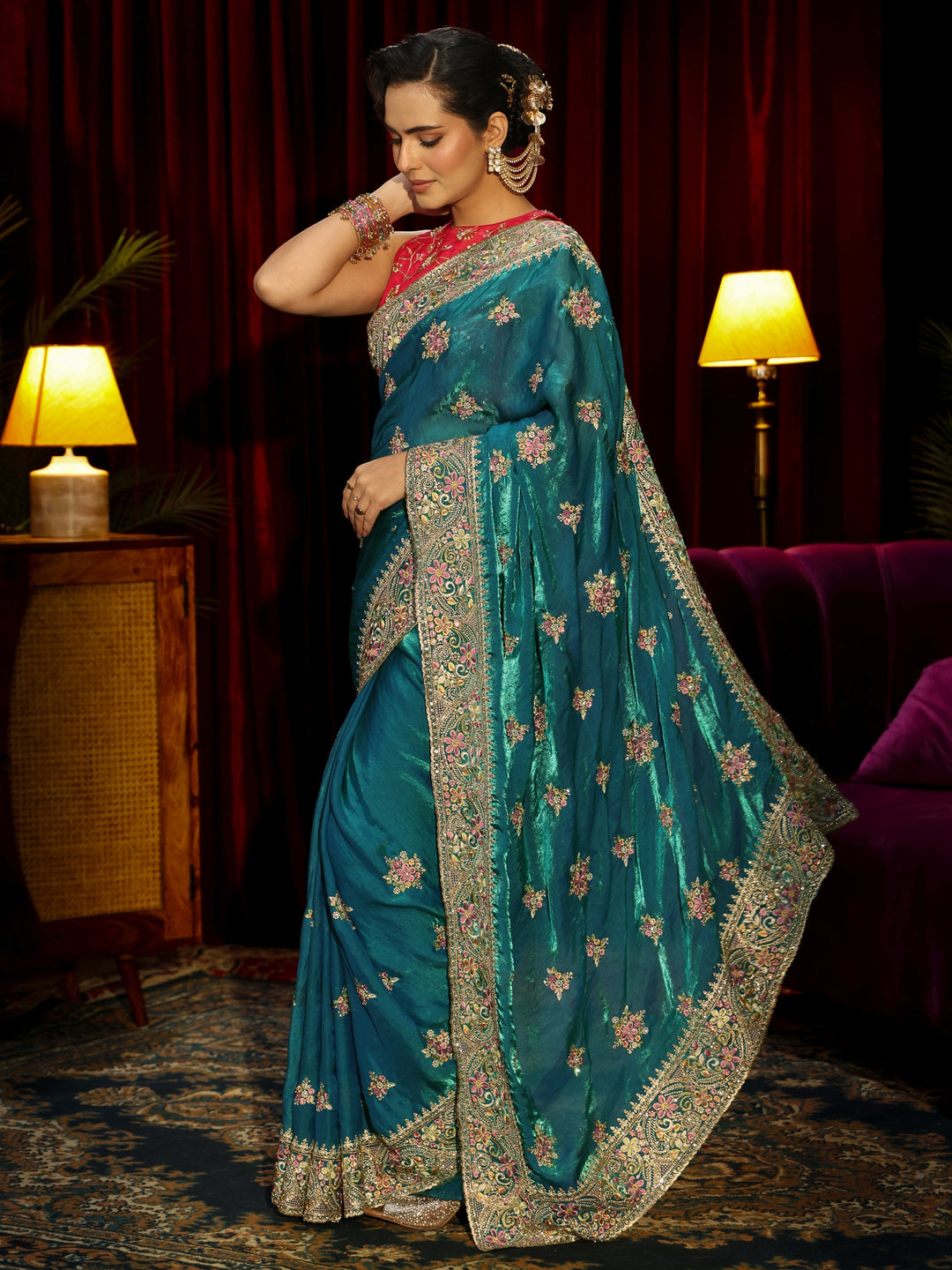 Libas Art Red Floral Embroidered Tissue Saree