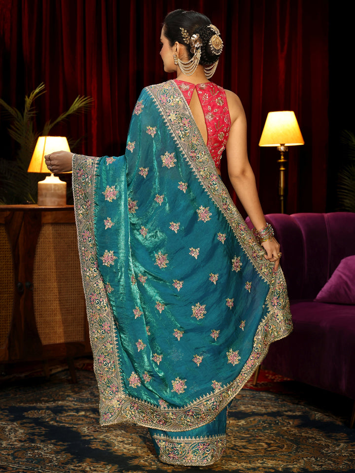 Libas Art Red Floral Embroidered Tissue Saree