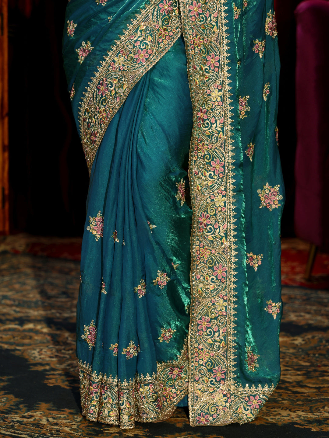 Libas Art Red Floral Embroidered Tissue Saree
