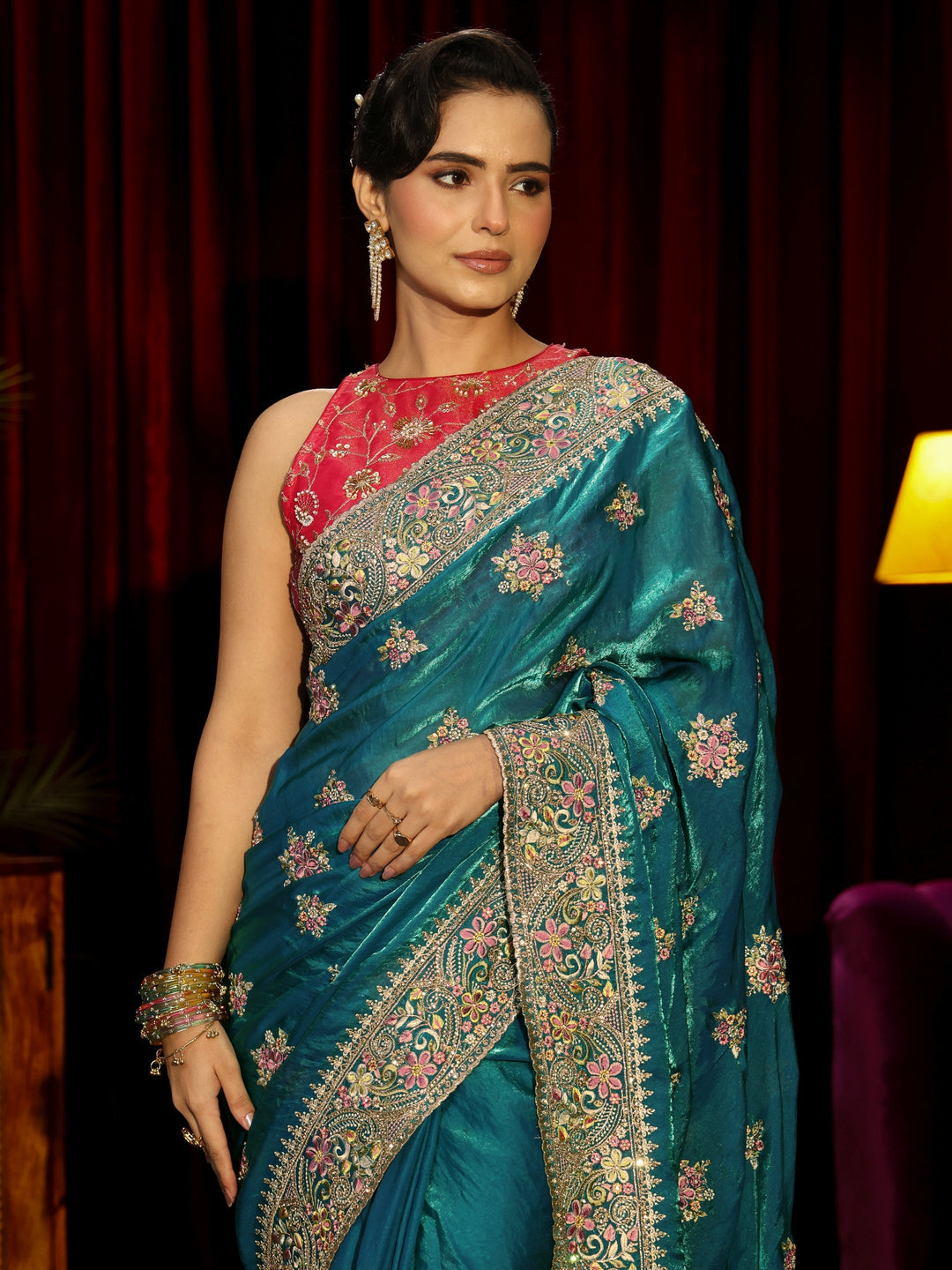 Libas Art Red Floral Embroidered Tissue Saree