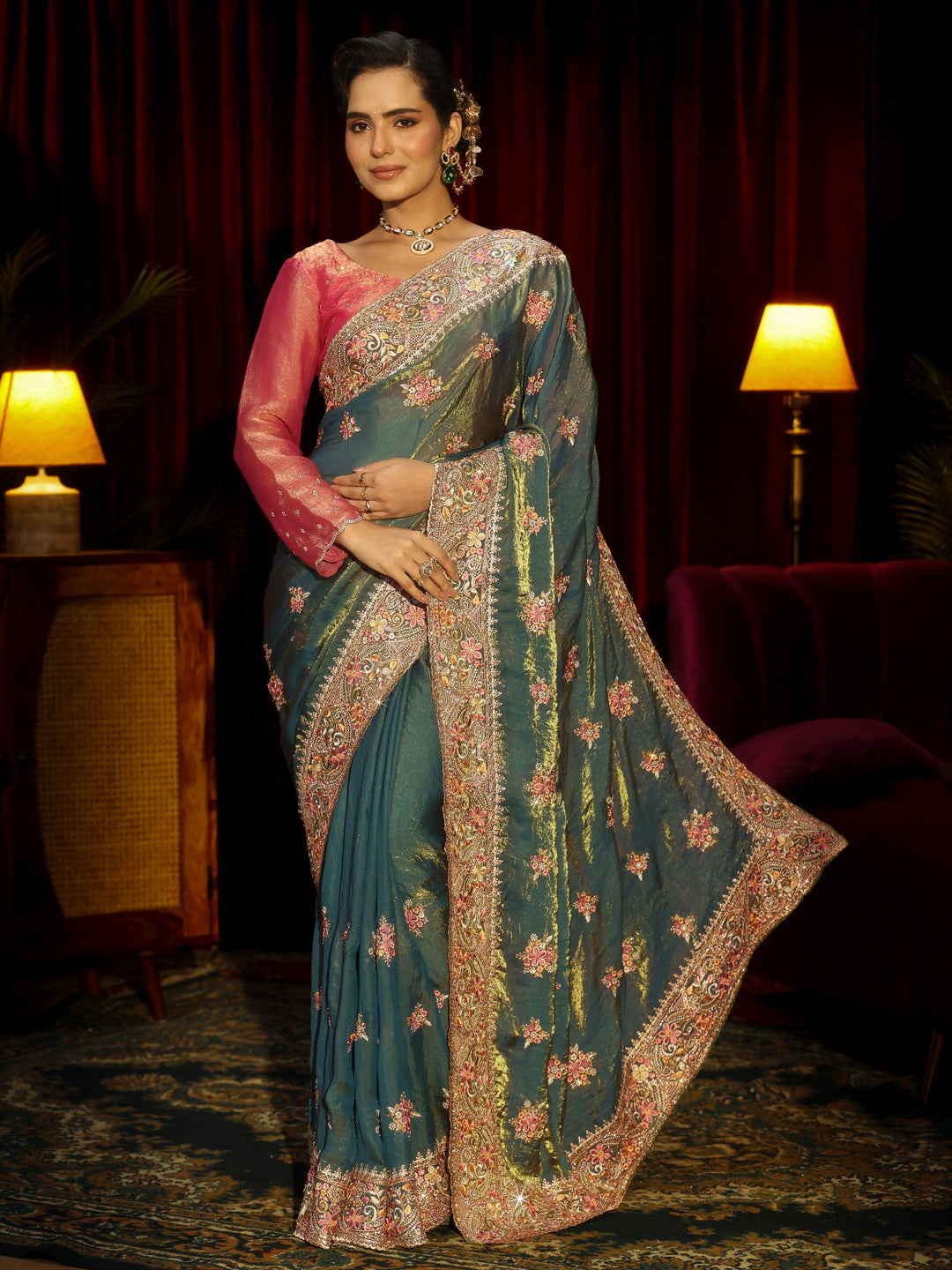 Libas Art Green Floral Embroidered Tissue Saree