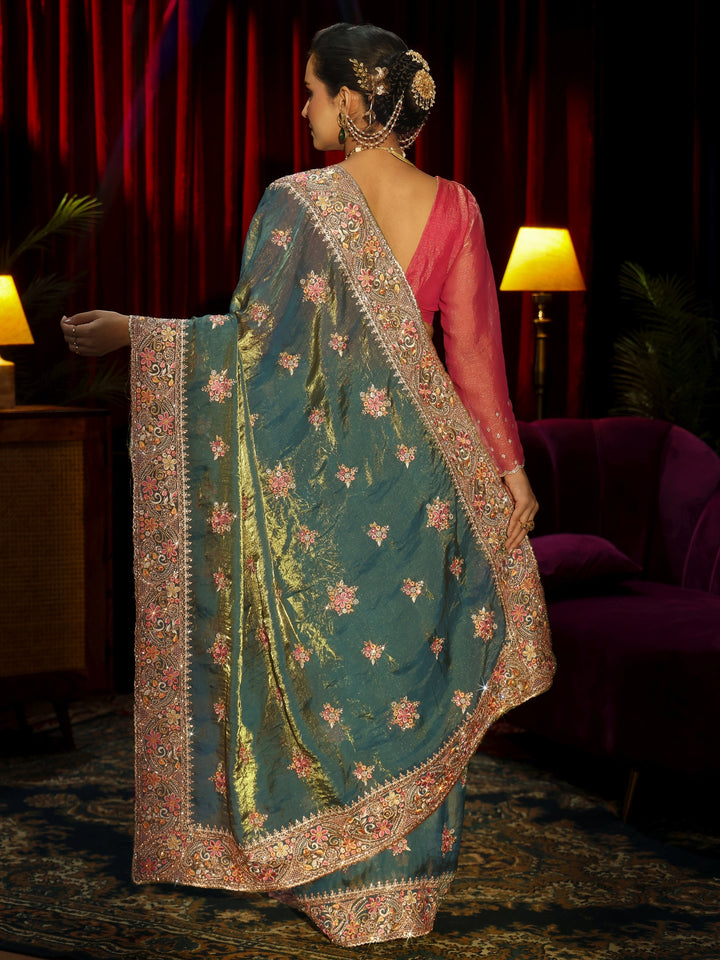 Libas Art Green Floral Embroidered Tissue Saree
