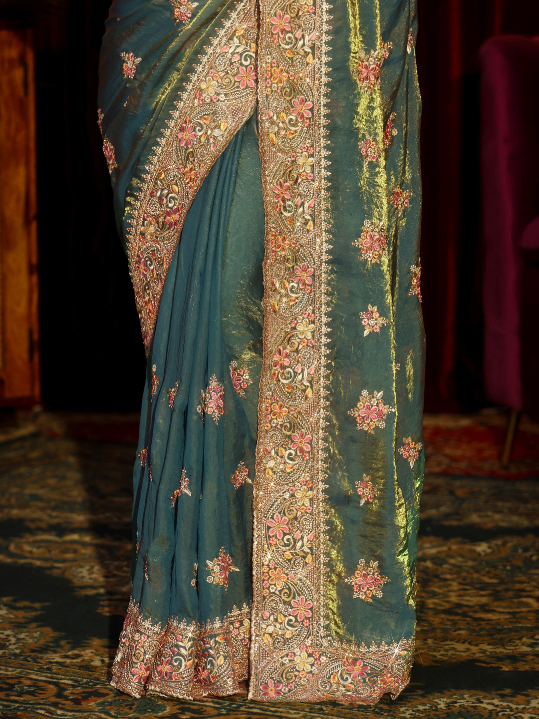 Libas Art Green Floral Embroidered Tissue Saree