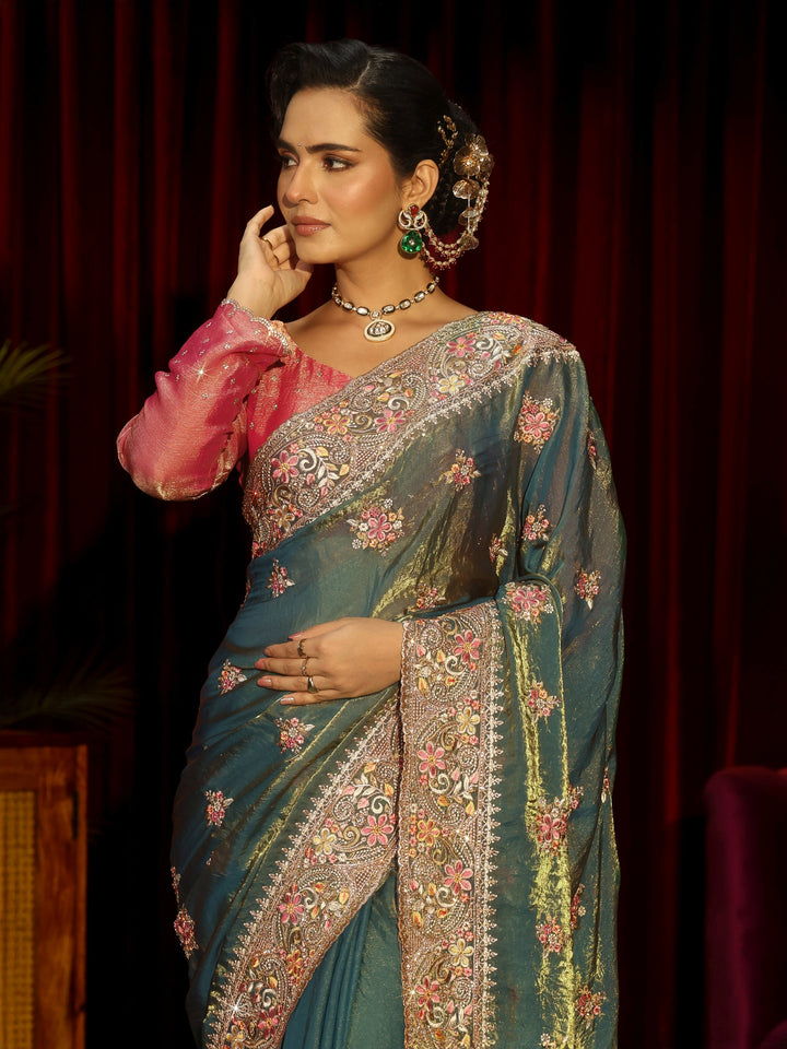 Libas Art Green Floral Embroidered Tissue Saree